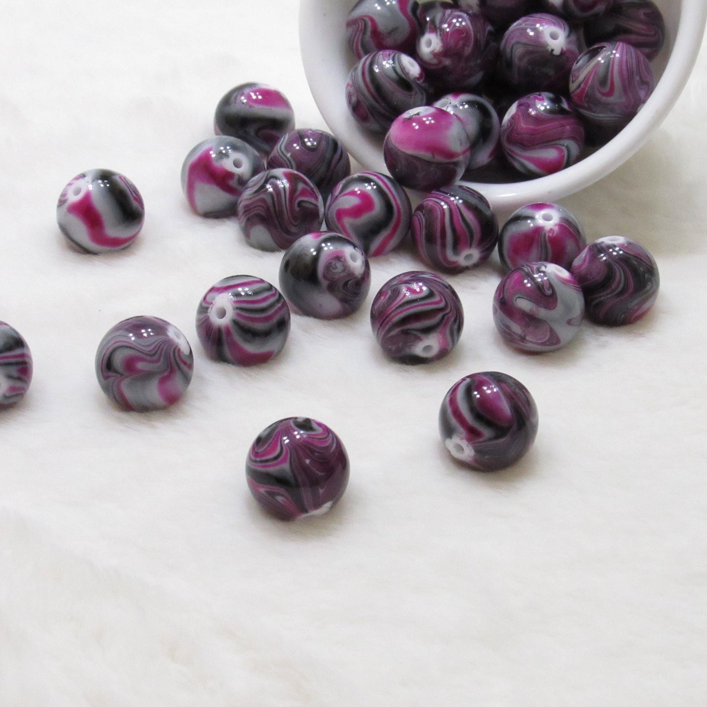 20mm Fuchsia Grey White Marble Look Bubblegum Beads, Imitation Marble Beads, Chunky Bi Color Beads