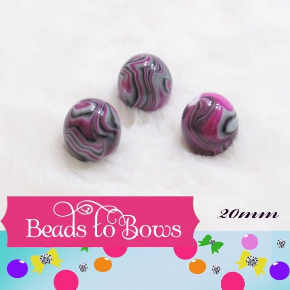 20mm Fuchsia Grey White Marble Look Bubblegum Beads, Imitation Marble Beads, Chunky Bi Color Beads