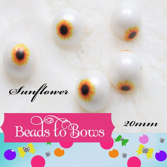 NEW 20mm Sunflower Print on Matte Pearls, Bubblegum Beads, Chunky Gumball Beads, Bubblegum Bead Supply, Chunky Printed Beads