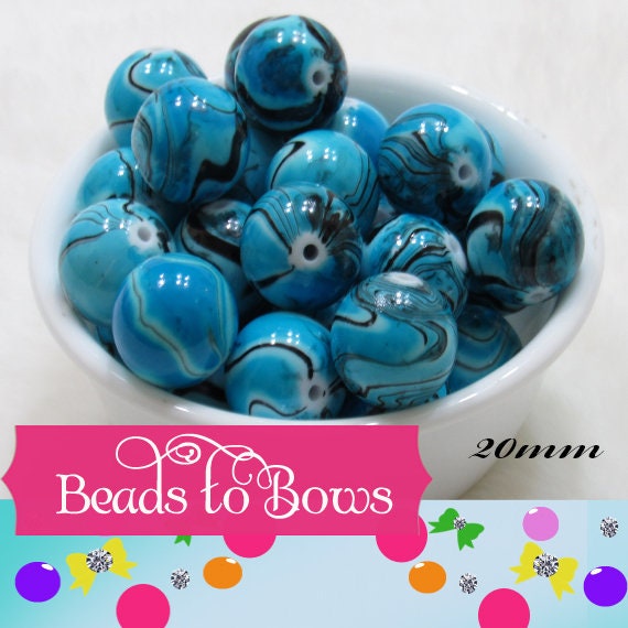 New 20mm Turquoise Marble Look Bubblegum Beads, Imitation Marble Beads, Chunky Bi Color Beads