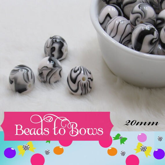 New 20mm Black and White Marble Look Bubblegum Beads, Imitation Marble Beads, Chunky Bi Color Beads