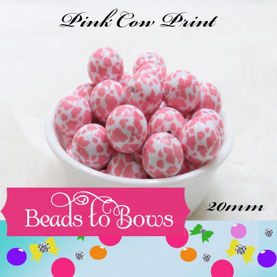NEW 20mm Pink Cow Print Bubblegum Beads, Chunky Cow Beads, Gumball Bead, Bubblegum Necklace Supply Beads, Chunky Bead Supply,