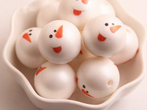 20mm Snowman Print Bubblegum Beads, Bubblegum Snowman, Snowmans Face Printed On Both Sides