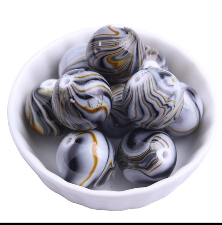 New 20mm Gold White Black Marble Look Bubblegum Beads, Imitation Marble Beads, Chunky Bi Color Beads