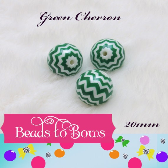 NEW 20mm Printed Chevron Green  Bubblegum Beads, Chunky Gumball Beads, Bubblegum Bead Supply, Chunky Printed Pearl Beads.