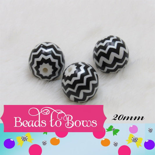 NEW 20mm Printed Black Chevron Bubblegum Beads, Chunky Gumball Beads, Bubblegum Bead Supply, Chunky Printed Pearl Beads.