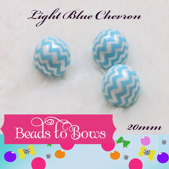 20mm Light Blue Chevron on Matte White Pearls,  Bubblegum Beads, Chunky Gumball Beads, Bubblegum Bead Supply, Chunky Printed Pearl Beads
