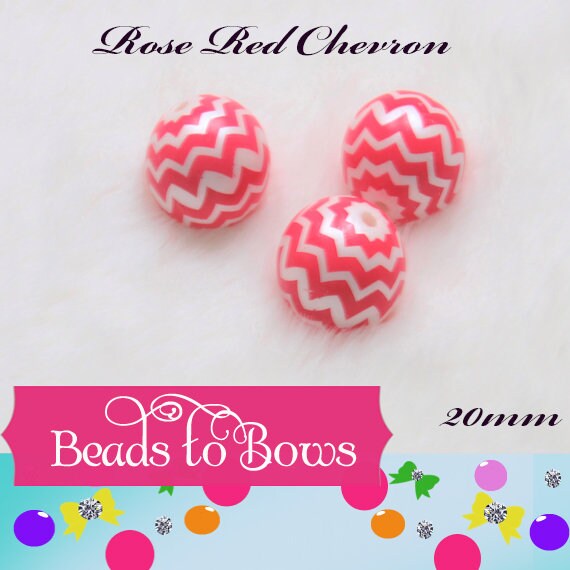 20mm Rose Red Chevron on Matte White Pearls,  Bubblegum Beads, Chunky Gumball Beads, Bubblegum Bead Supply, Chunky Printed Pearl Beads