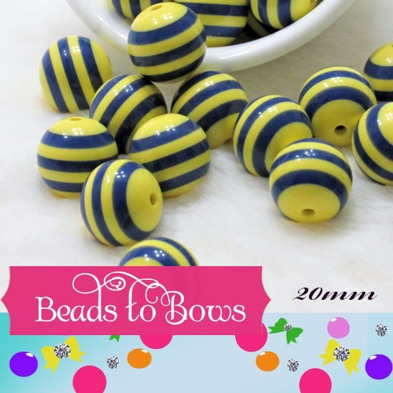 20mm Blue and Yellow Striped Bubblegum Bead, Round Chunky Beads, Gumball Beads, Minion Colored Bubblegum Beads Beads