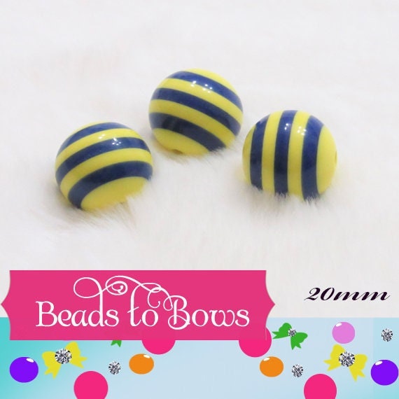 20mm Blue and Yellow Striped Bubblegum Bead, Round Chunky Beads, Gumball Beads, Minion Colored Bubblegum Beads Beads