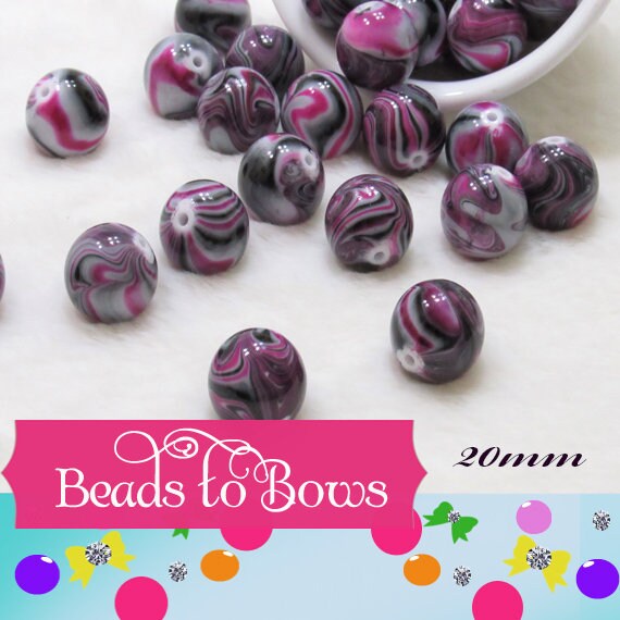 20mm Fuchsia Grey White Marble Look Bubblegum Beads, Imitation Marble Beads, Chunky Bi Color Beads