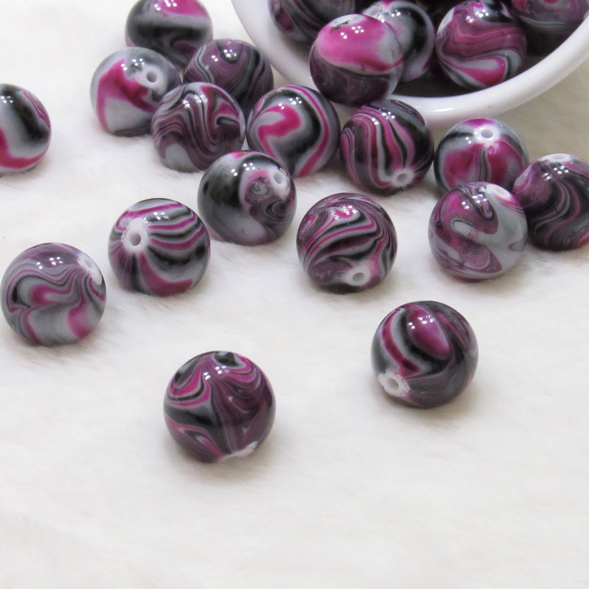 20mm Fuchsia Grey White Marble Look Bubblegum Beads, Imitation Marble Beads, Chunky Bi Color Beads