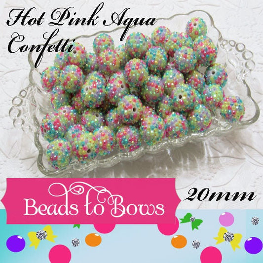 20mm Confetti Rhinestone Beads, Hot Pink Yellow and Aqua Confetti Beads,  Rhinestone Beads, Chunky Rhinestone beads, Bead Supply