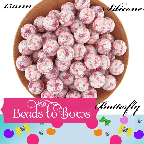 15mm Pink Butterfly Print Silicone Bead, Butterfly Print Teething Beads, Food Grade Silicon Beads, Key Chain Silicone Beads