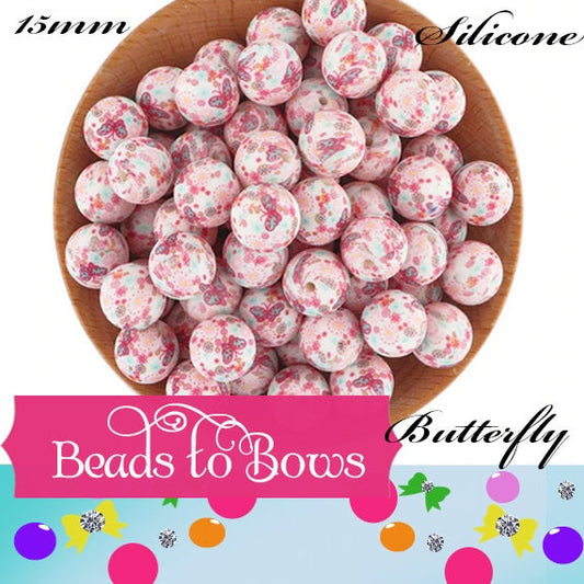 15mm Pink Butterfly Print Silicone Bead, Butterfly Print Teething Beads, Food Grade Silicon Beads, Key Chain Silicone Beads
