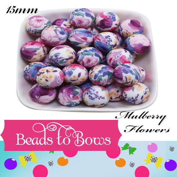 15mm Mulberry Flower Print Silicone Bead, Printed Silicone Beads, Teething Beads, Food Grade Silicon Beads, Key Chain Silicone Beads