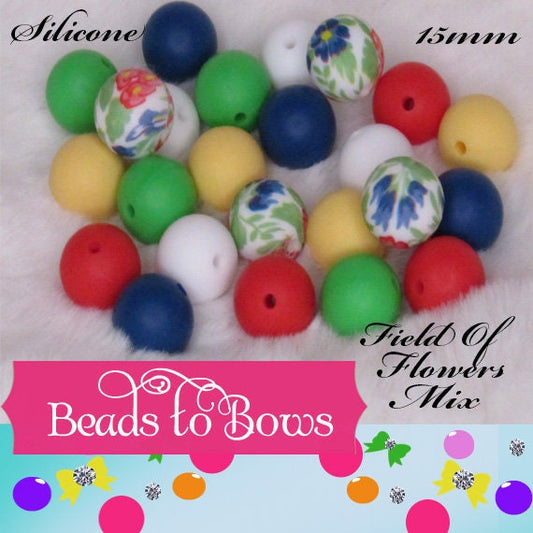 50 Field Of Flowers 15mm Printed Silicone Bead Mix, Printed Silicone Bead Teething Beads Food Grade Silicon Bead, Silicone Bead