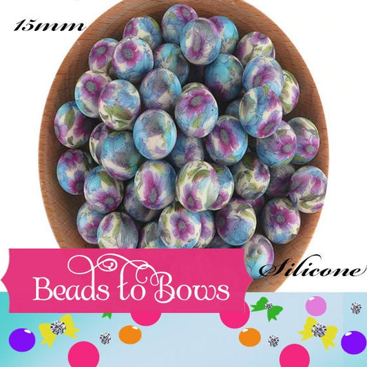 15mm Lavender Blue Print Silicone Bead, Printed Silicone Beads, Teething Beads, Food Grade Silicon Beads, Key Chain Silicone Beads