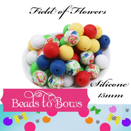 50 Field Of Flowers 15mm Printed Silicone Bead Mix, Printed Silicone Bead Teething Beads Food Grade Silicon Bead, Silicone Bead