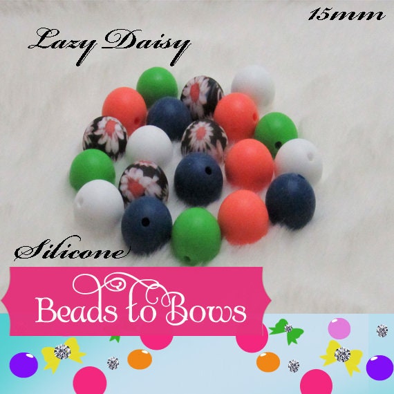50 Lazy Daisy 15mm Printed Silicone Bead Mix, Printed Silicone Bead Teething Beads Food Grade Silicon Bead, Silicone Bead