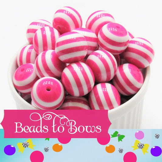 20mm Chunky Hot Pink And White Striped Bubblegum Beads, Bubblegum Beads, Gumball striped Resin Beads, Chunky Round Striped Beads