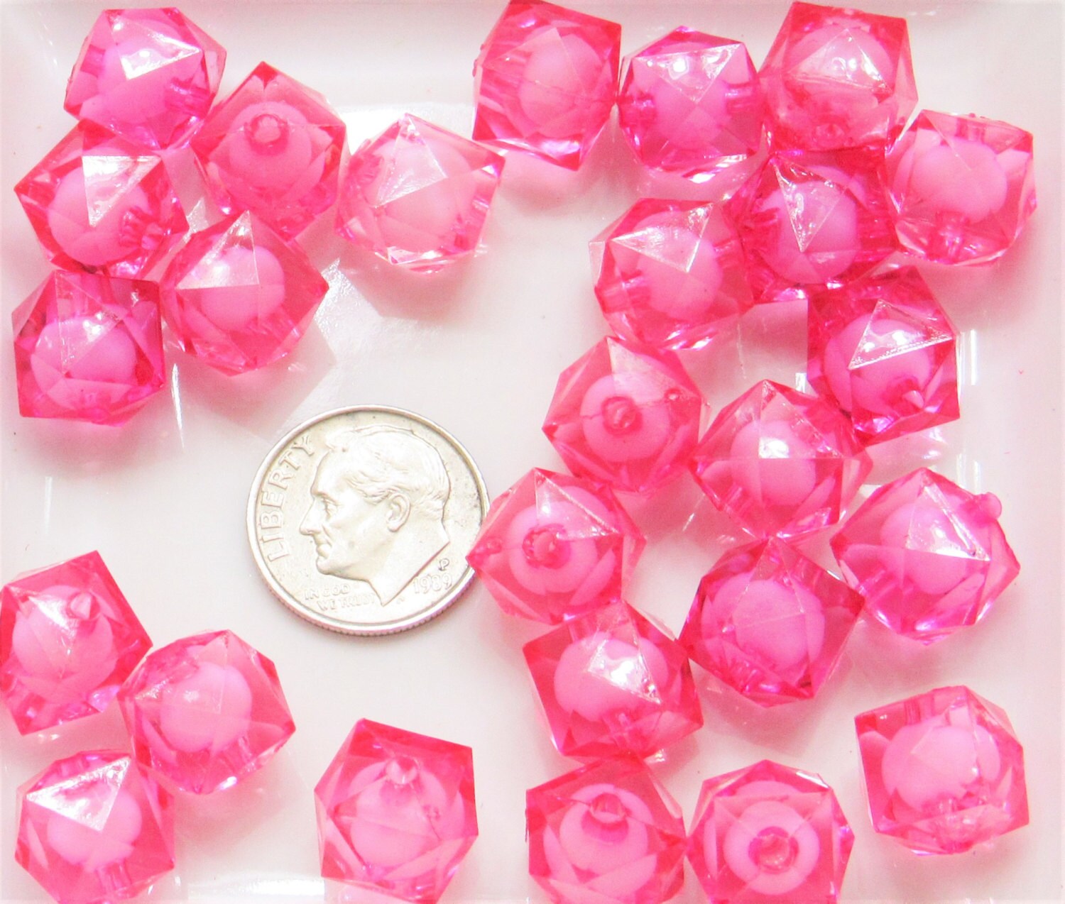 Hot Pink 12mm Cubed Bead in a Bead, Bubblegum Bead, Chunky Bead, Faceted Bead in a Bead, Transparent Ice Cube, Kawaii Bead Supply