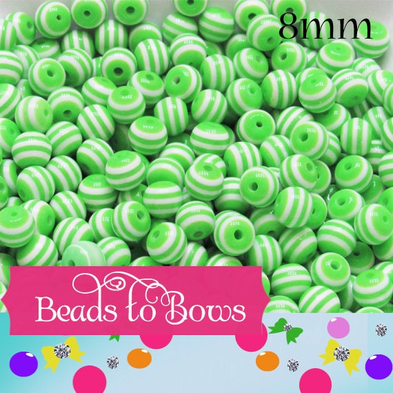 8mm Green Bubblegum Striped Beads, Striped 8mm Bubblegum Beads, Chunky Gumball Beads, Bubblegum Necklace Supply Bead, Chunky Gumball Bead