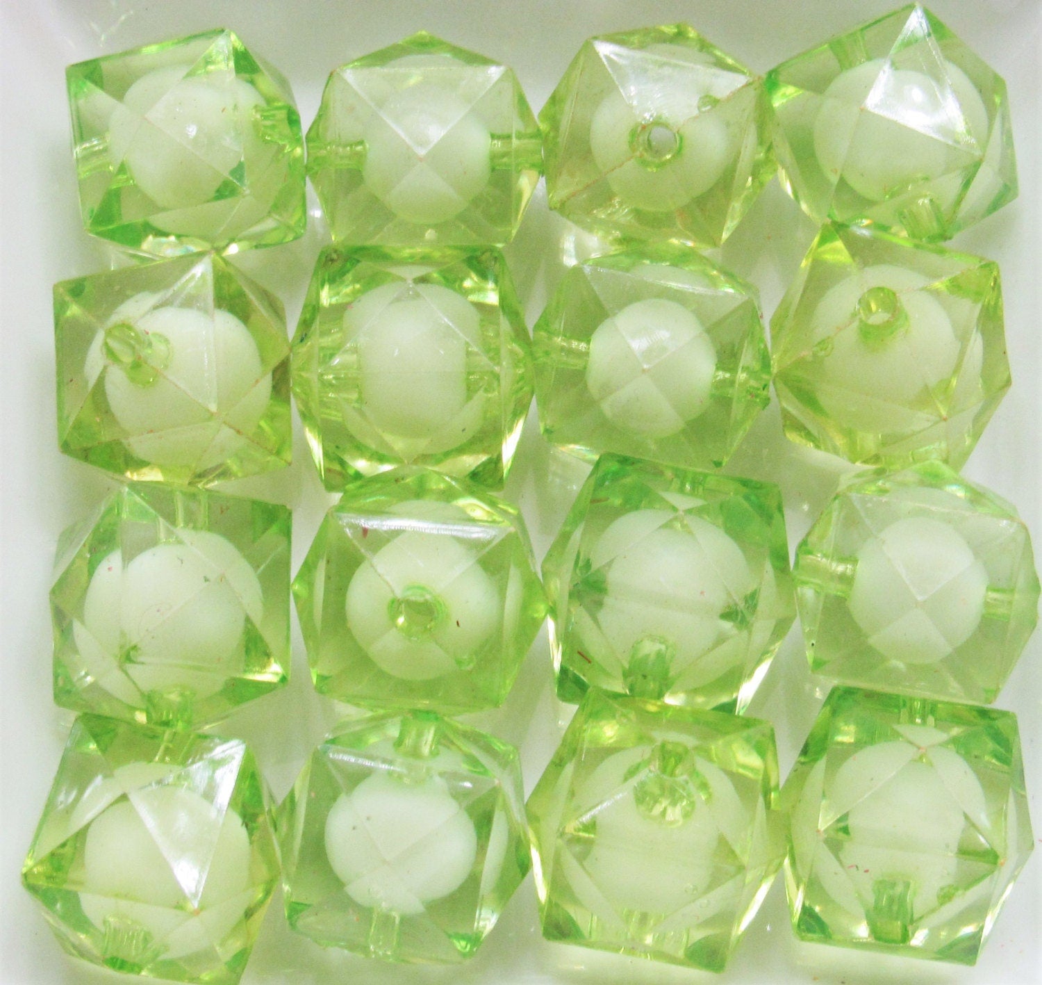 Light Green 20mm Faceted Beads, Bead In A Bead Bubblegum Bead, Chunky Faceted Transparent Beads, Chunky Bead Bubblegum Bead