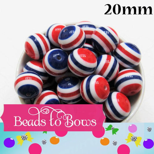 20mm Red White & Blue Bubblegum Beads, Chunky Acrylic Bead, Gumball beads, Chunky Bubblegum Bead, Chunky Necklace Supply, Gum Ball Bead